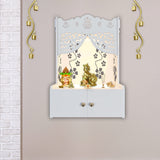 Swastika Kalash Symbol of Hindu Religious White Wooden Wall Temple for Home With Inbuilt focus Lights & Spacious Shelf