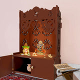 Floral Designer Pattern Floor Temple with Spacious Wooden Shelf & Inbuilt Focus Light- Brown Finish
