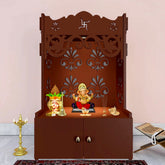 Floral Designer Pattern Floor Temple with Spacious Wooden Shelf & Inbuilt Focus Light- Brown Finish
