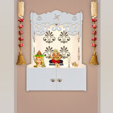 Shubh Labh Symbol of Hindu Religious White Wooden Wall Temple for Home With Inbuilt focus Lights & Spacious Shelf