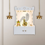 Premium Art of Mor Pankh White Wooden Temple for Home with Inbuilt Focus Light & Spacious Shelf