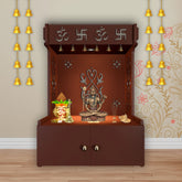 OM Swastika Symbol of Hindu Religious Floor Temple with Spacious Wooden Shelf & Inbuilt Focus Light- Brown Finish