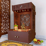 Designer Intricate Jali Design Pattern Floor Temple with Spacious Wooden Shelf & Inbuilt Focus Light- Brown Finish