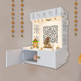 Holy Swastika Symbol of Hindu Religious White Wooden Wall Temple for Home With Inbuilt focus Lights & Spacious Shelf
