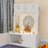 Designer Om Chakra Floor Temple with Spacious Wooden Shelf & Inbuilt Focus Light- White Finish