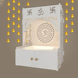 Designer Om Chakra White MDF Wood Temple with Inbuilt Focus Light & Spacious Shelf