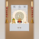 Designer Om Chakra White MDF Wood Temple with Inbuilt Focus Light & Spacious Shelf