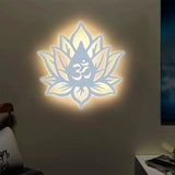 Hindu OM inside Lotus Flower Backlit Wooden Wall Decor with LED Night Light Walnut Finish