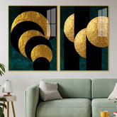 Golden Geometric Circles Shapes Art Acrylic Floating Wall Painting Set of 2