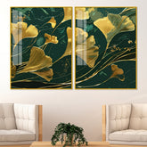 Golden Ginkgo Biloba Leaves Drawn Acrylic Floating Wall Painting Set of 2