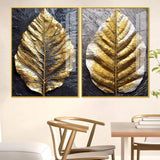 Golden Leaf Textured Impasto Layers Acrylic Floating Wall Painting Set of 2