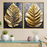 Golden Leaf Textured Impasto Layers Acrylic Floating Wall Painting Set of 2