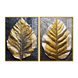 Golden Leaf Textured Impasto Layers Acrylic Floating Wall Painting Set of 2