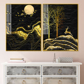 Golden Textured Mountains Art Premium Acrylic Floating Wall Painting Set of 2