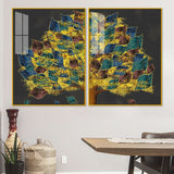 Luxury Golden Shiny Tufted Leaves Tree Acrylic Floating Wall Painting Set of 2