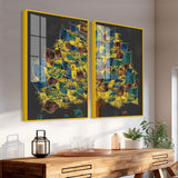 Luxury Golden Shiny Tufted Leaves Tree Acrylic Floating Wall Painting Set of 2