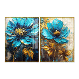 Modern Textural Blue Flower Artistic Acrylic Floating Wall Painting Set of 2
