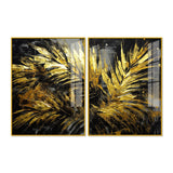 Premium Black and Shiny Gold Palm Leaves Acrylic Floating Wall Painting Set of 2
