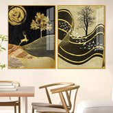 Wavy Golden Lines Mountains Premium Acrylic Floating Wall Painting Set of 2