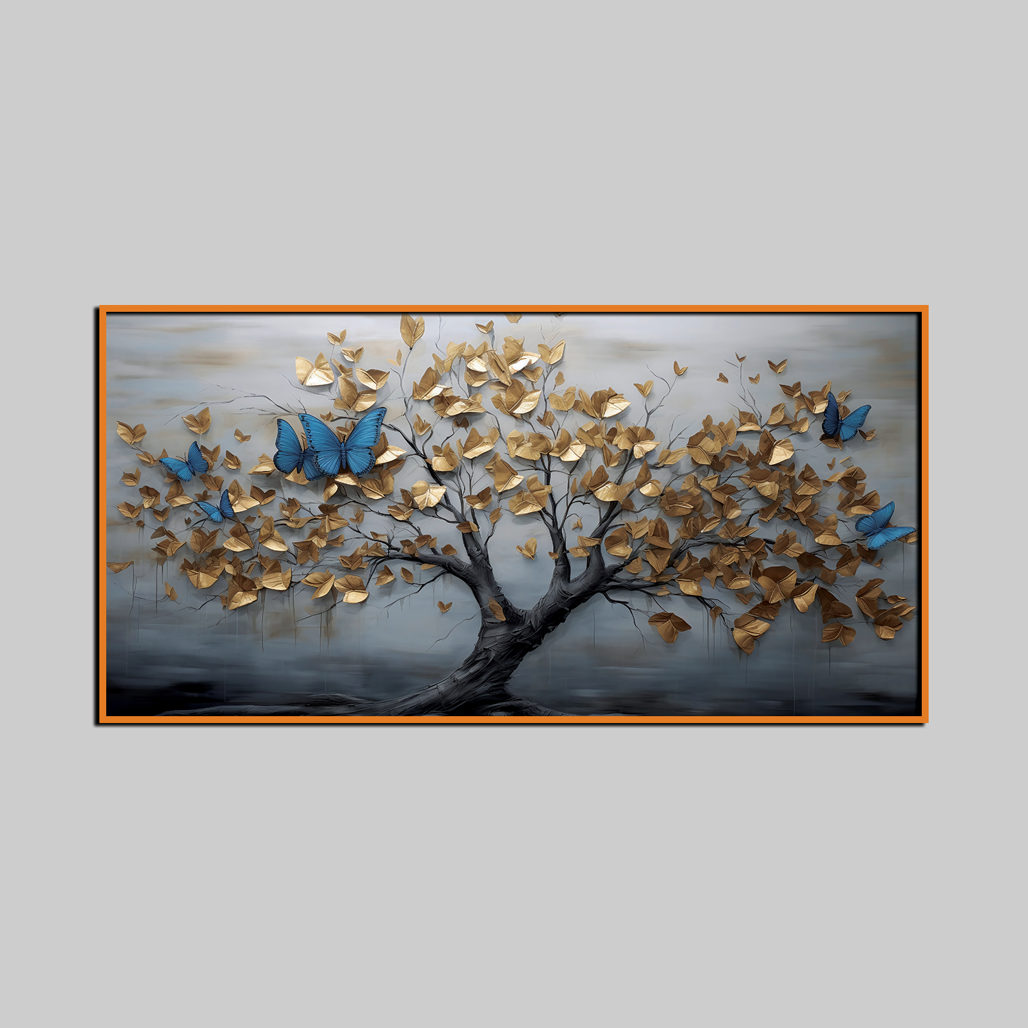Elegant Golden Tree Wall Art with Blue Butterflies – 3D Textured Canvas Painting
