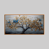Elegant Golden Tree Wall Art with Blue Butterflies – 3D Textured Canvas Painting