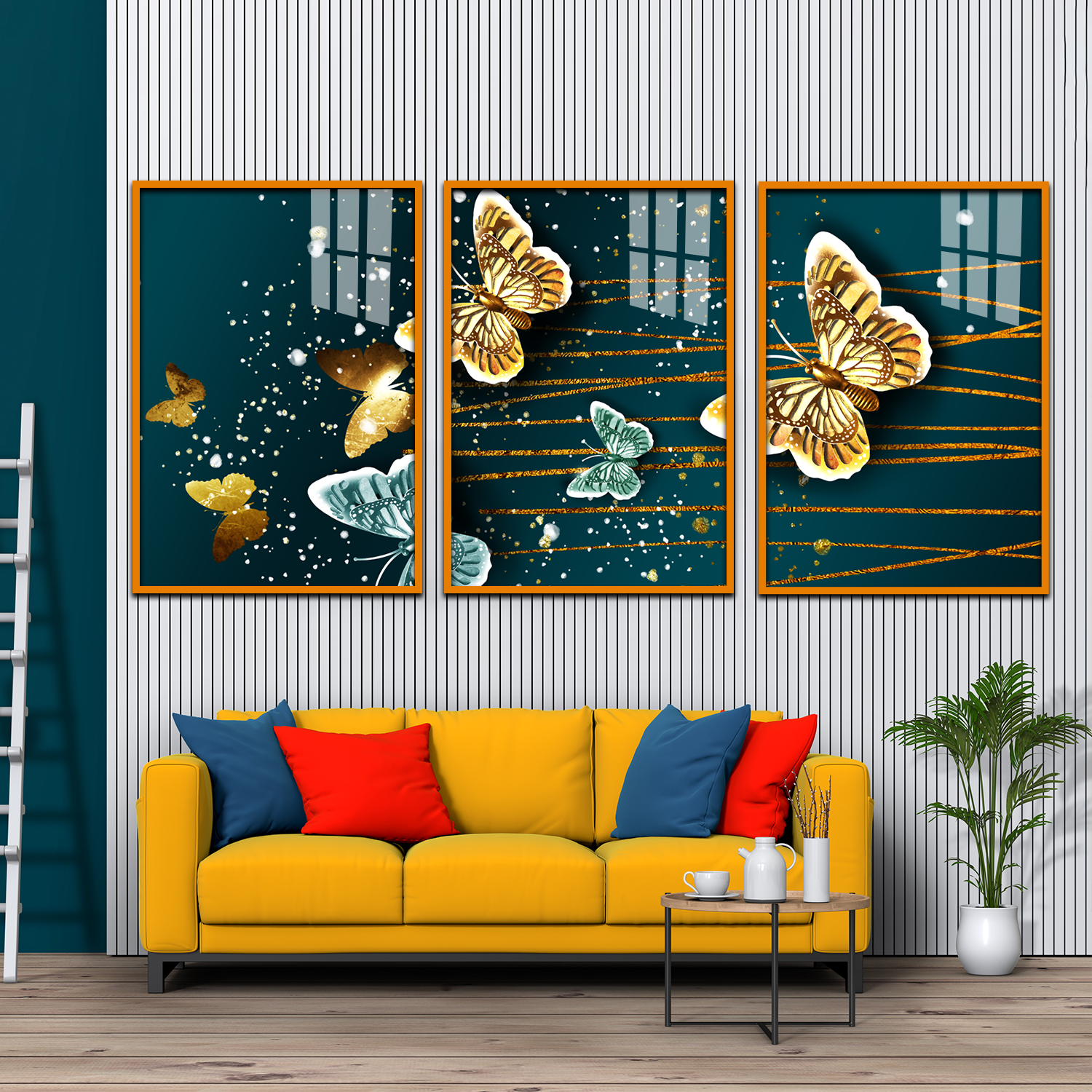 Golden Butterflies Abstract Acrylic Wall Art - 3 Piece Canvas Print Set