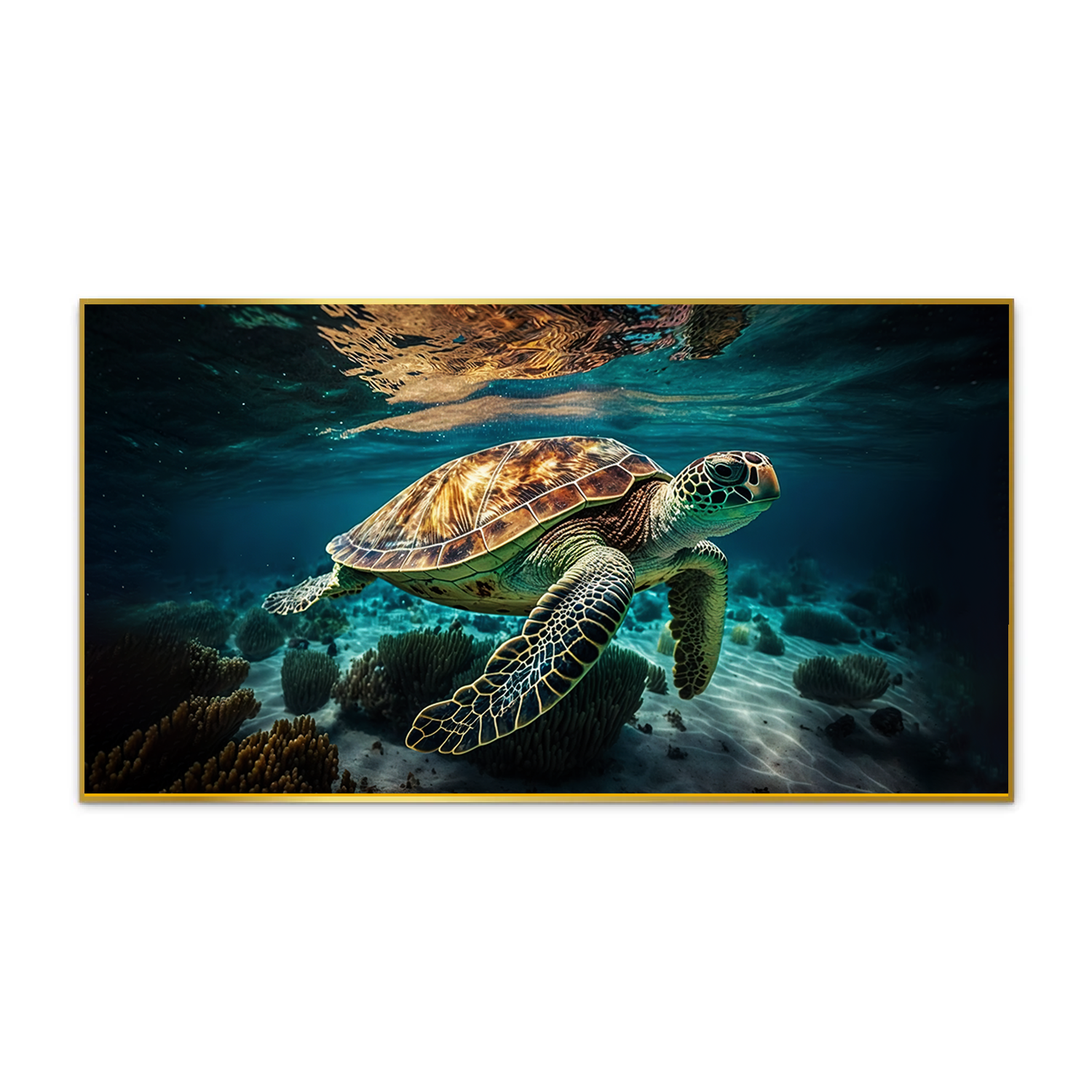 Green Sea Turtle Swimming Coral Canvas Wall Paintings & Art