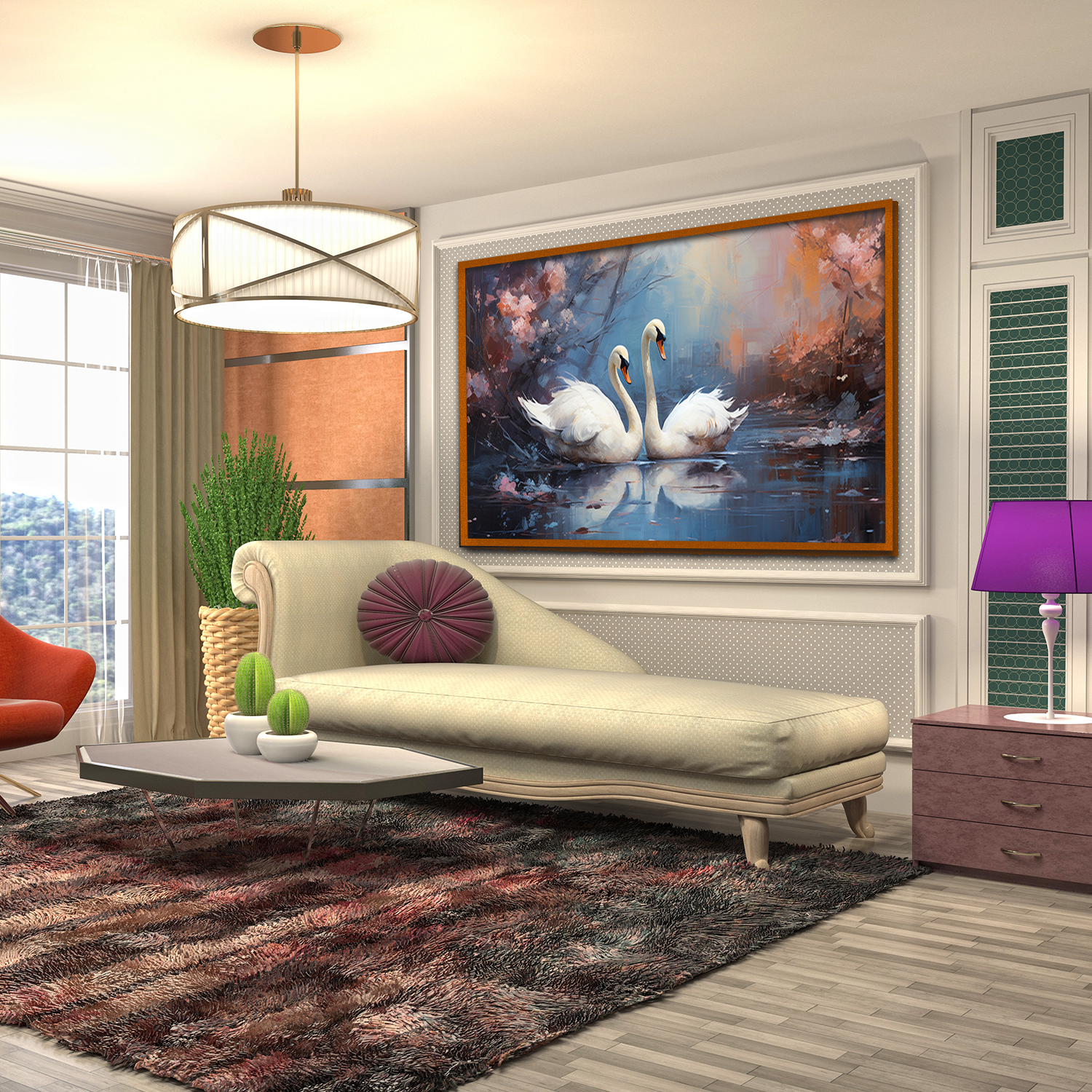 Painting Two Swans Swimming Pond with Pink Flowers Canvas Wall Paintings