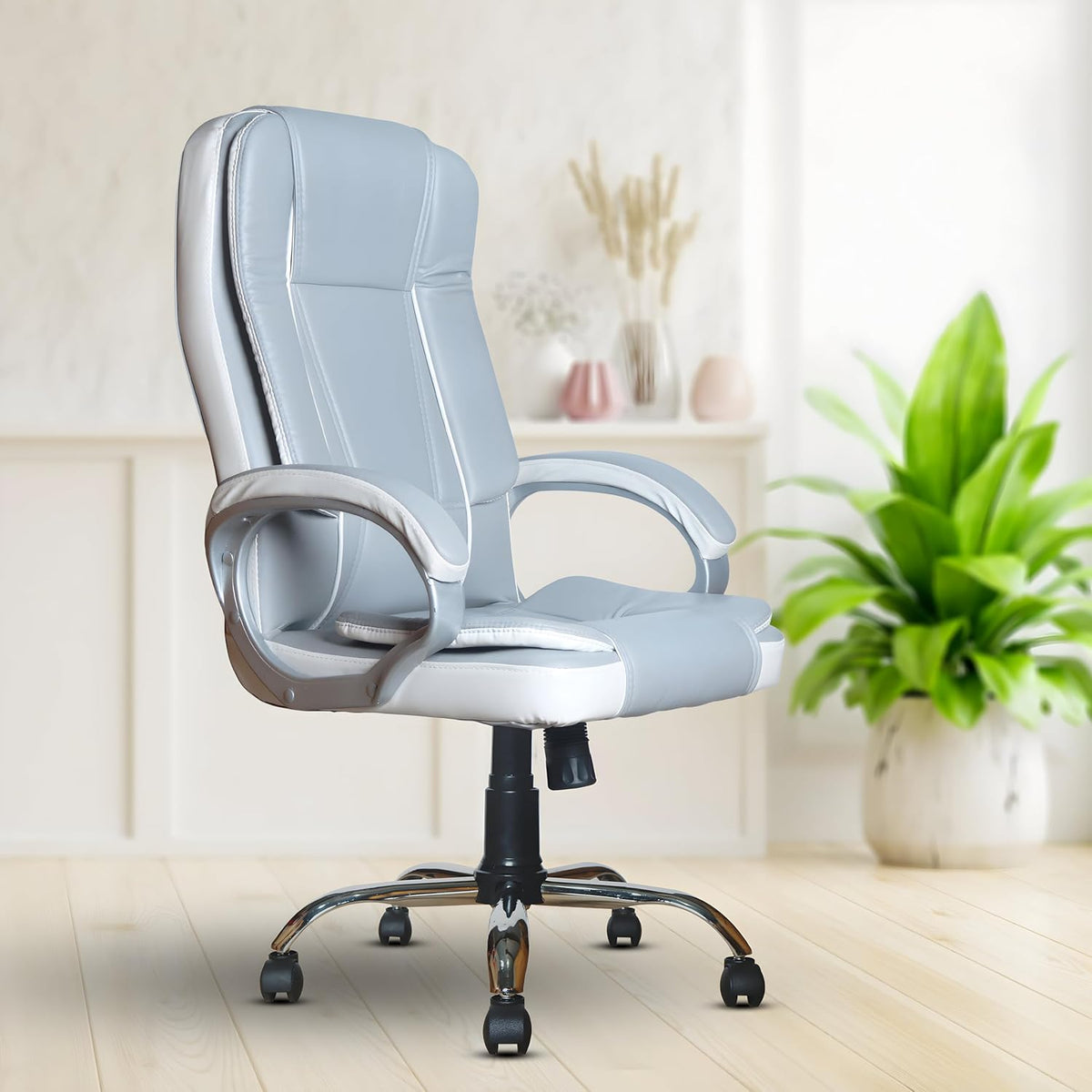 Grey & White Leatherette Swivel Office Revolving Chair | Heavy Tilting Mechanism & Strong Chrome Stand Base