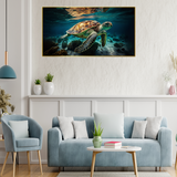 Green Sea Turtle Swimming Coral Canvas Wall Paintings & Art