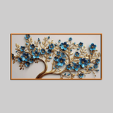 Elegant 3D Golden Tree Wall Art with Blue Floral Accents – Modern Home Décor Panel