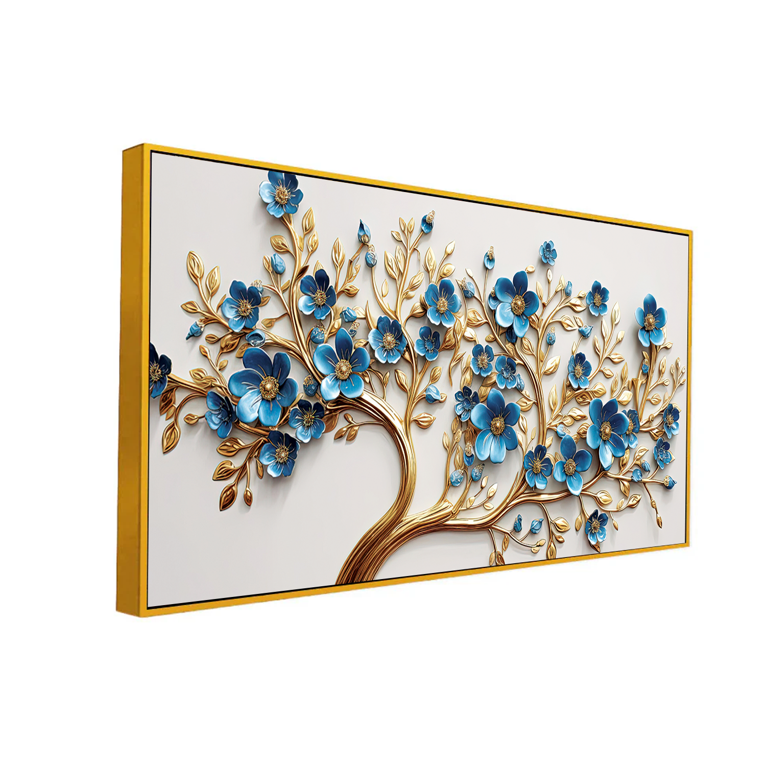Elegant 3D Golden Tree Wall Art with Blue Floral Accents – Modern Home Décor Panel