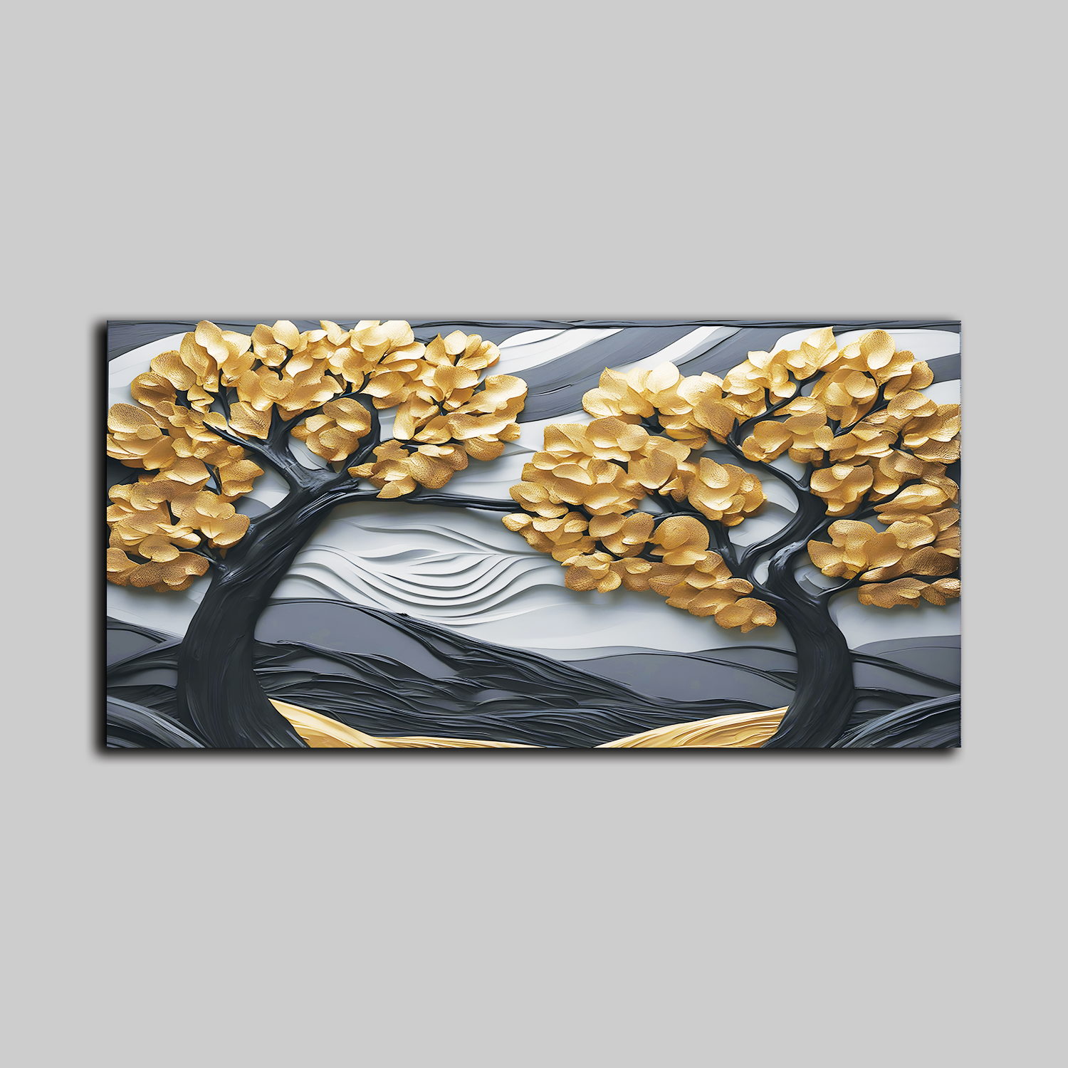 Luxury 3D Golden Tree Landscape Wall Art – Textured Modern Canvas for Elegant Home Décor