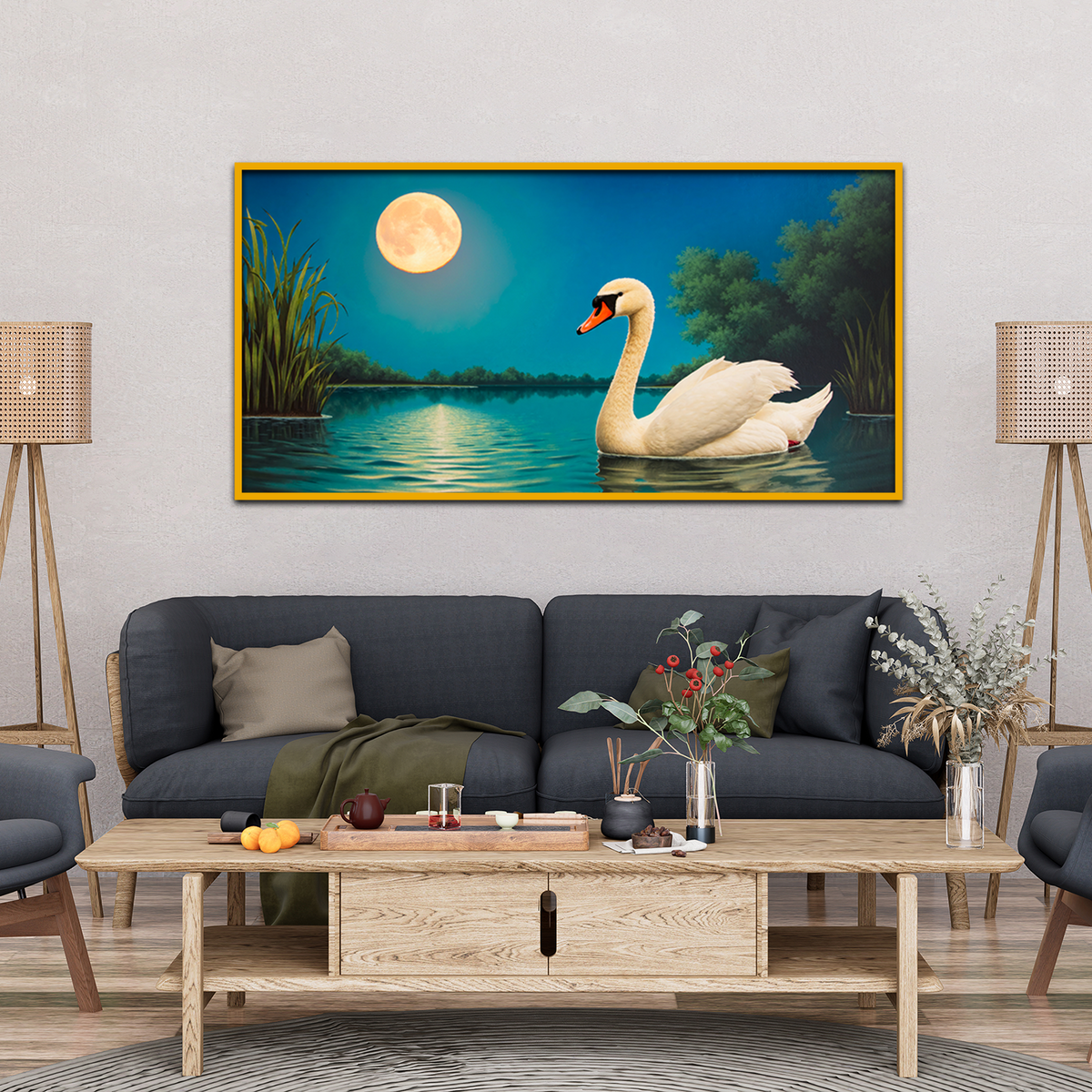 Painting Swan Water with Moon Background Canvas Wall Paintings
