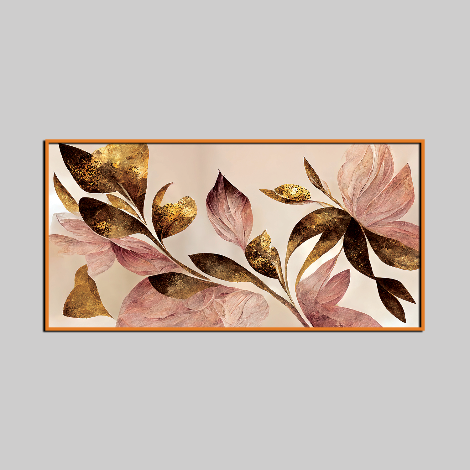 Modern Floral Wall Art with Golden and Blush Leaves – Elegant Botanical Canvas for Contemporary Interiors