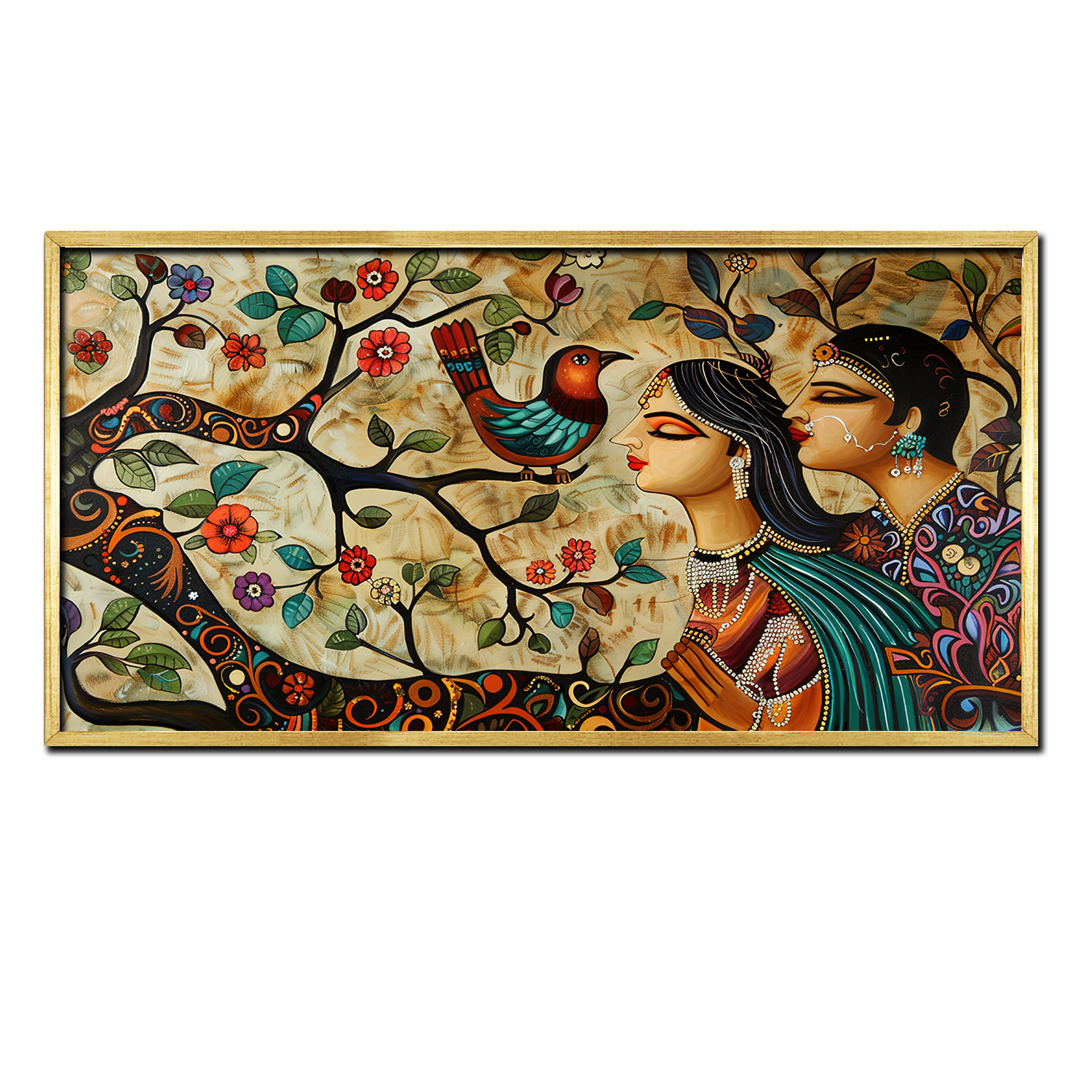 Traditional Indian Woman with Birds on Tree Canvas Vintage Wall Paintings