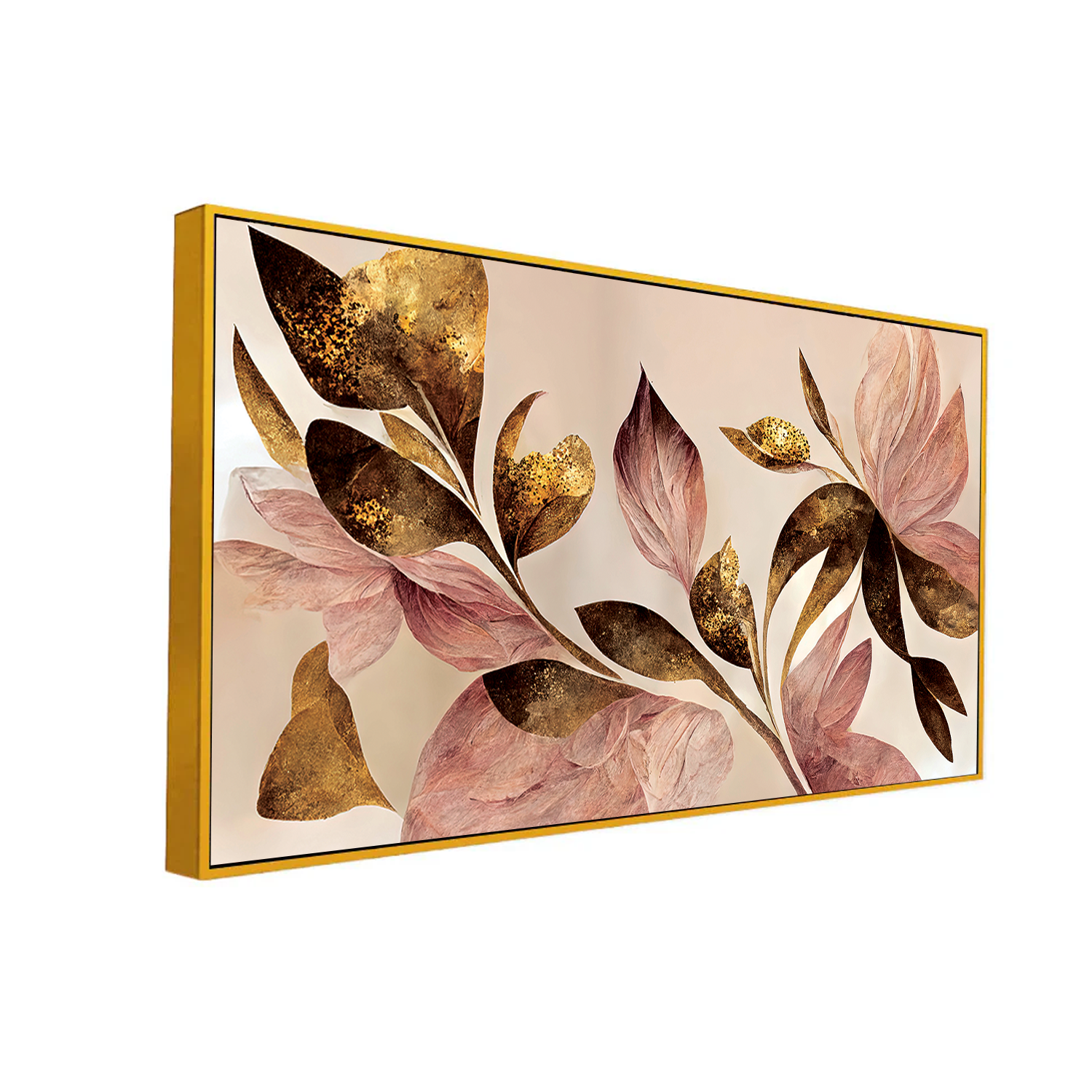 Modern Floral Wall Art with Golden and Blush Leaves – Elegant Botanical Canvas for Contemporary Interiors