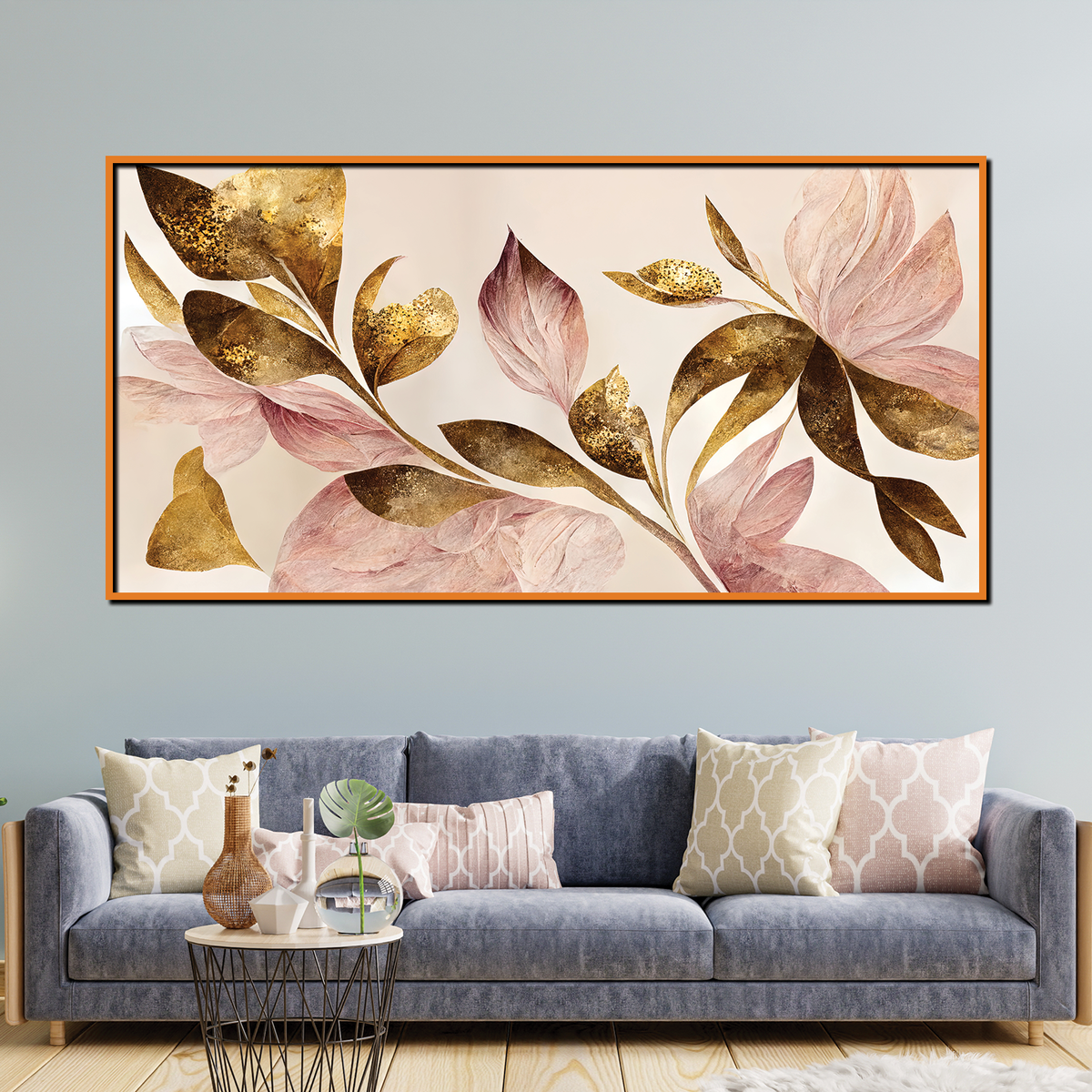 Modern Floral Wall Art with Golden and Blush Leaves – Elegant Botanical Canvas for Contemporary Interiors