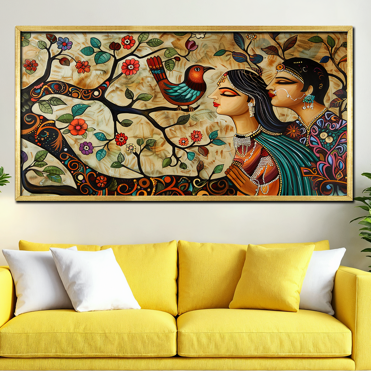 Traditional Indian Woman with Birds on Tree Canvas Vintage Wall Paintings