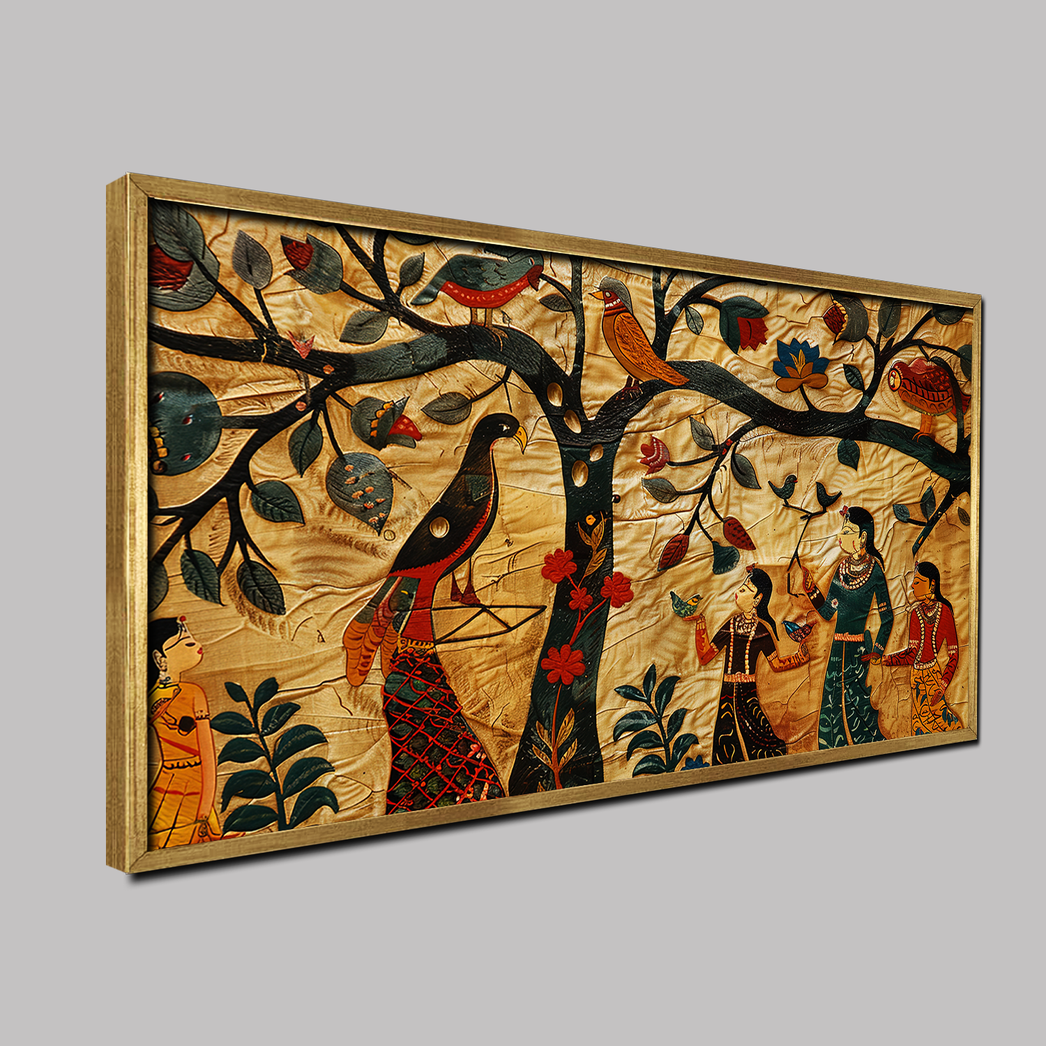 Traditional Indian Women with Birds Canvas Vintage Wall Paintings