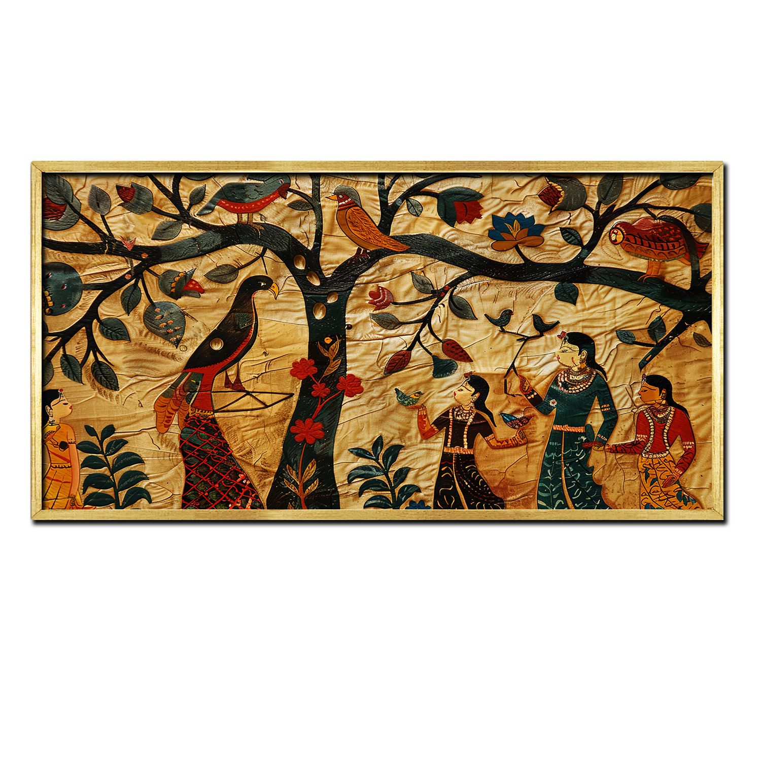 Traditional Indian Women with Birds Canvas Vintage Wall Paintings
