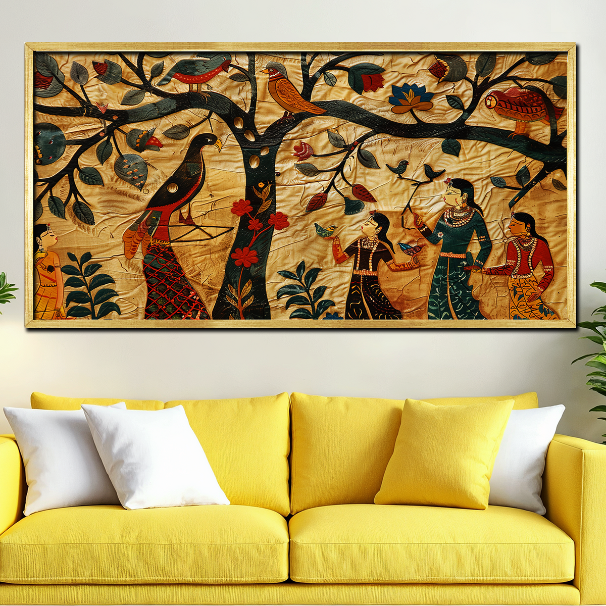 Traditional Indian Women with Birds Canvas Vintage Wall Paintings