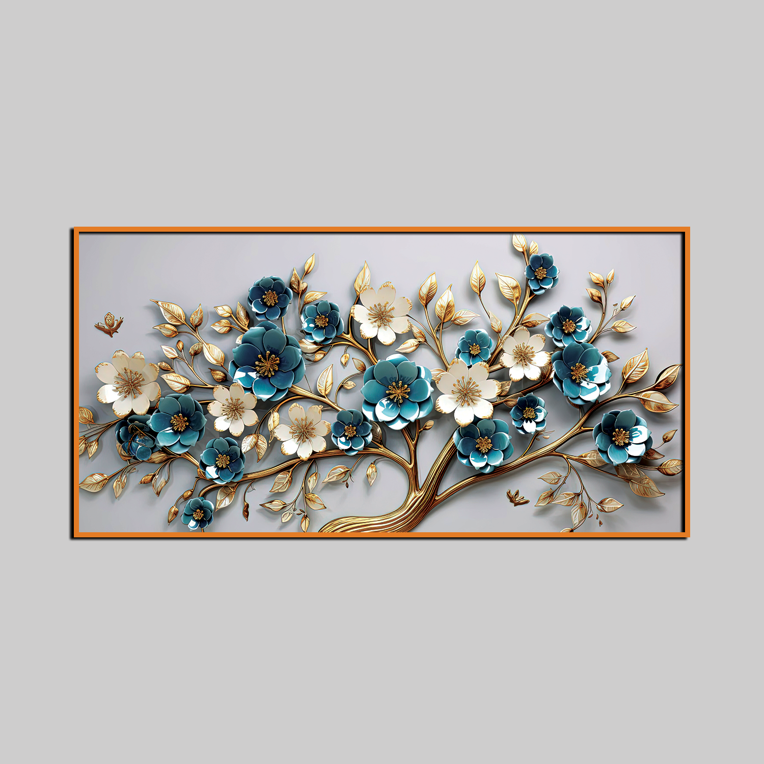 Luxurious 3D Floral Tree Wall Art – Teal and White Blossoms with Gold Detailing for Elegant Interior Décor