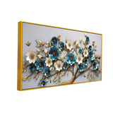 Luxurious 3D Floral Tree Wall Art – Teal and White Blossoms with Gold Detailing for Elegant Interior Décor