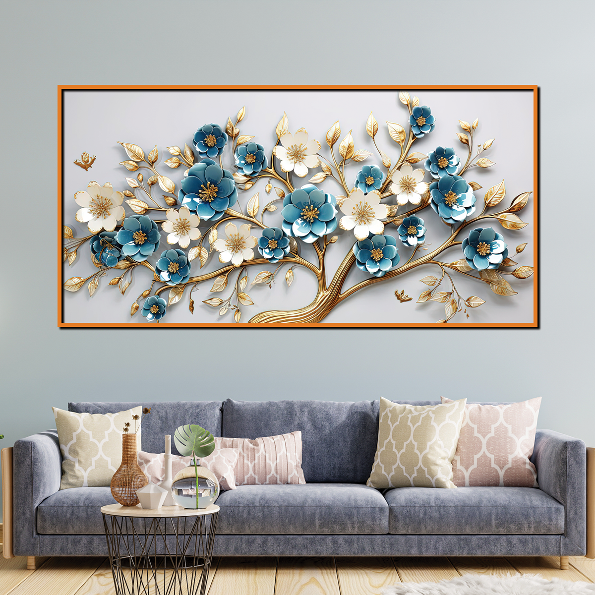 Luxurious 3D Floral Tree Wall Art – Teal and White Blossoms with Gold Detailing for Elegant Interior Décor