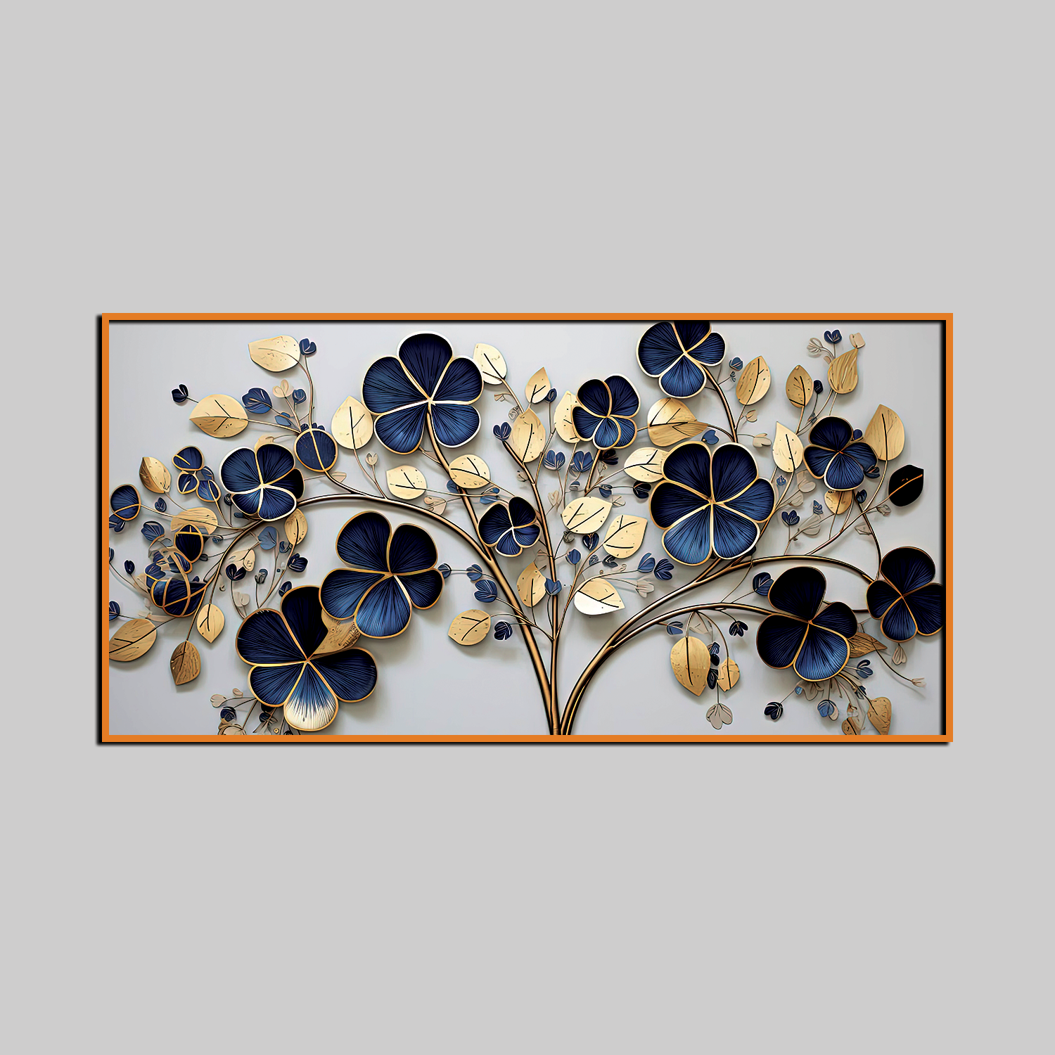 Elegant 3D Golden Floral Wall Art – Deep Blue Blossoms and Metallic Leaves for Modern Home Décor