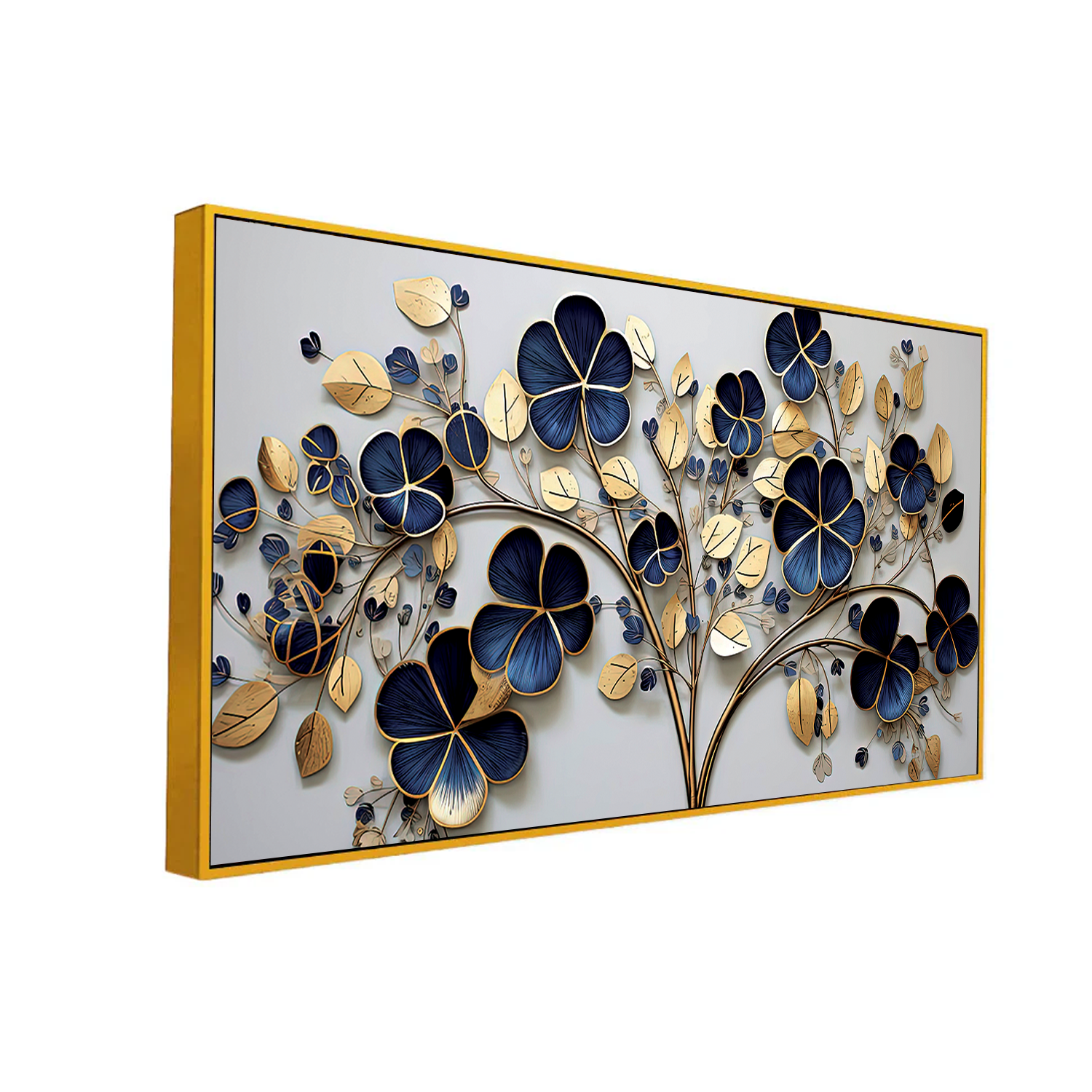 Elegant 3D Golden Floral Wall Art – Deep Blue Blossoms and Metallic Leaves for Modern Home Décor