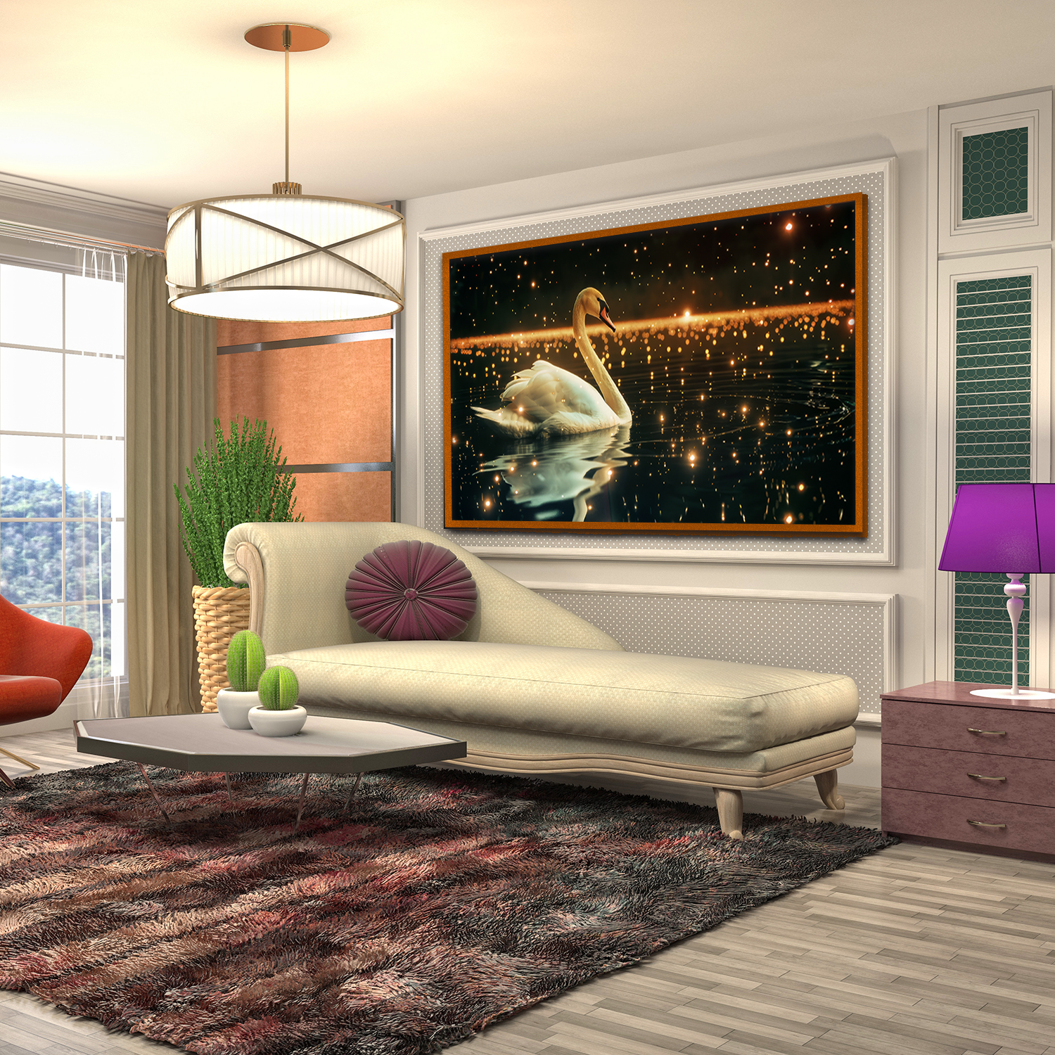 Graceful Swan Serene Lake Surrounded By Whimsical Sparkling Lights Nighttime Canvas Wall Paintings