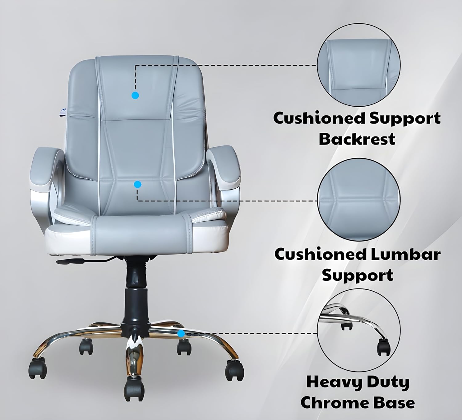 Grey & White Leatherette Swivel Office Revolving Chair | Heavy Tilting Mechanism & Strong Chrome Base