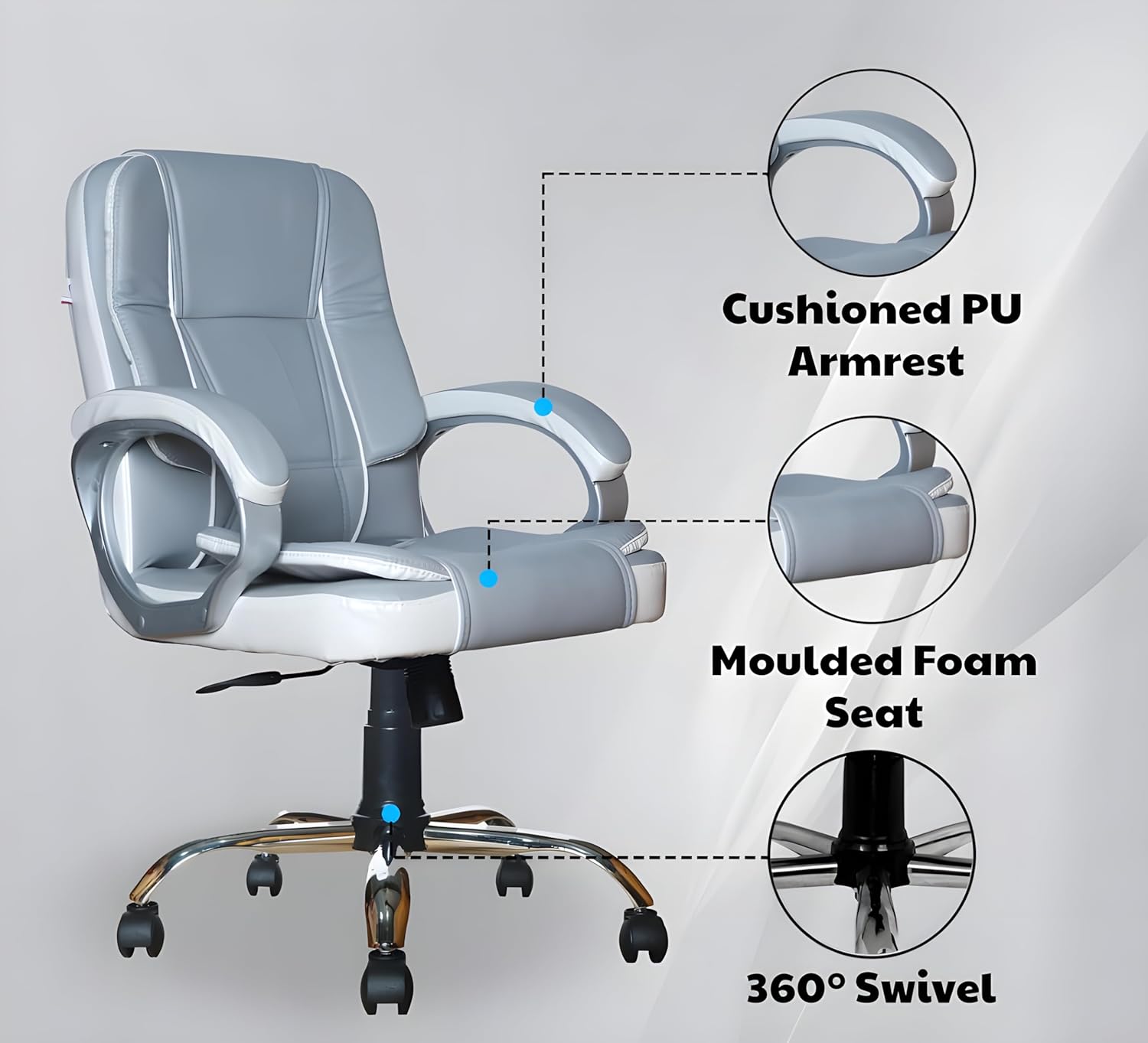 Grey & White Leatherette Swivel Office Revolving Chair | Heavy Tilting Mechanism & Strong Chrome Base